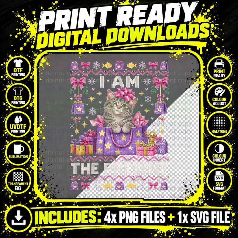Grey Tabby Kitten Christmas Ugly Sweater I Am The Png SVG Digital Bundle