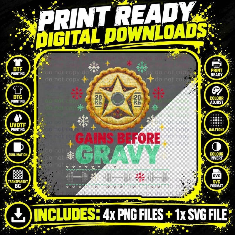 Gym Christmas Ugly Sweater Gains Before Gravy Weight Png SVG Digital Bundle