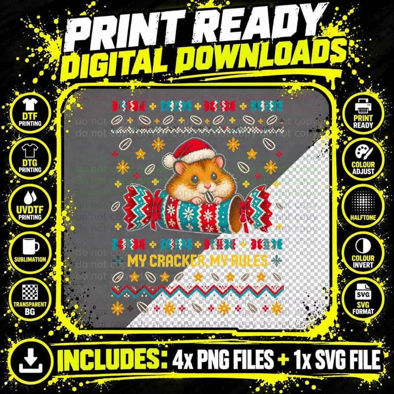 Hamster Christmas Cracker My Rules Funny Ugly Sweater Png SVG Digital Bundle