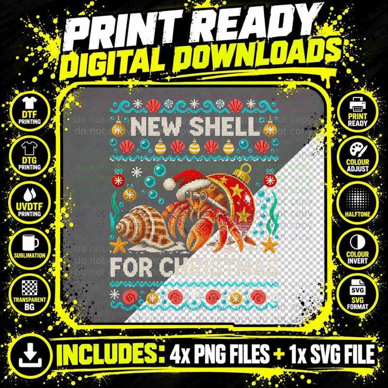 Hermit Crab New Shell For Christmas Ugly Sweater Funny Png SVG Digital Bundle