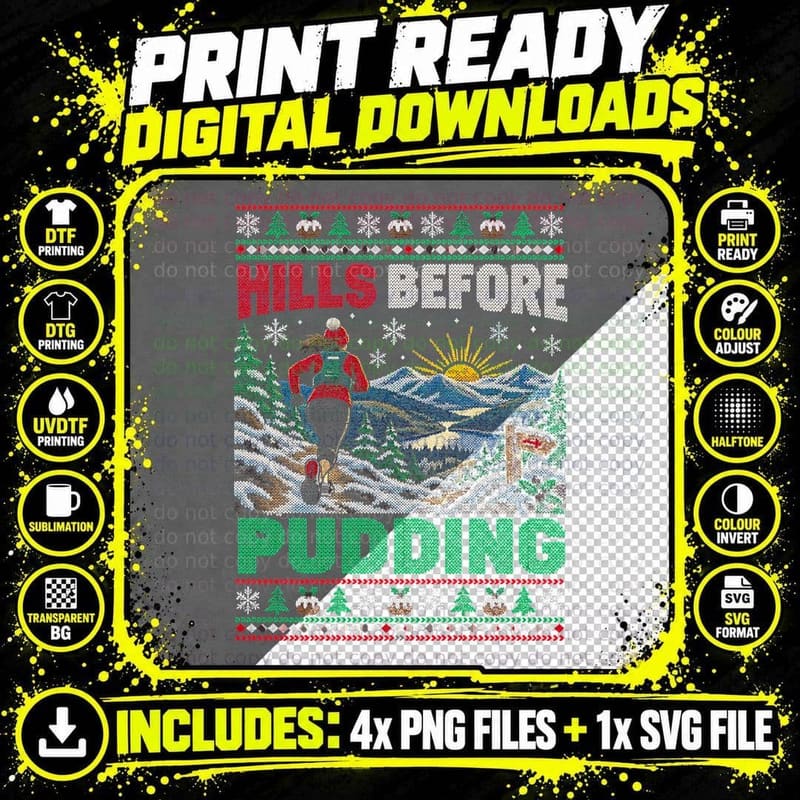 Hills Before Pudding Fell Runner Christmas Ugly Sweater Png SVG Digital Bundle