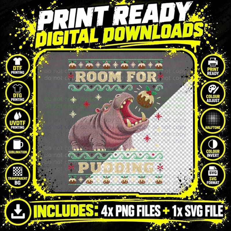 Hippo Christmas Ugly Sweater Knitted Animal Pudding Png SVG Digital Bundle