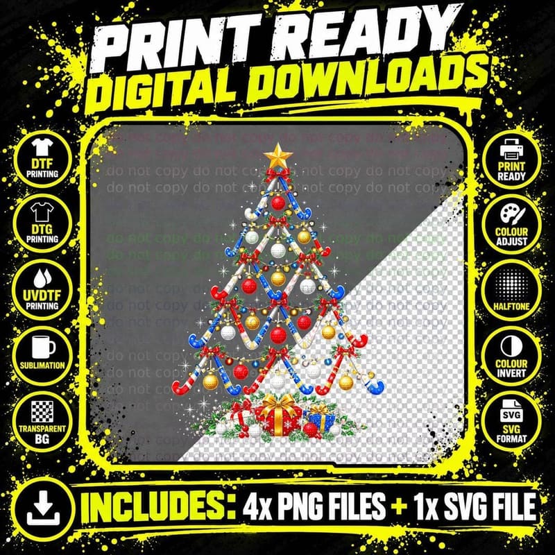 Hockey Christmas Tree Hockey Sticks Balls Player Funny Png SVG Digital Bundle