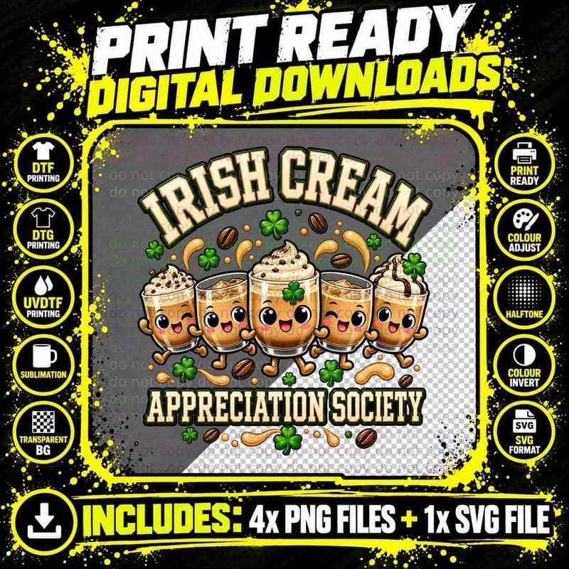 Irish Cream Appreciation Society Kawaii Christmas Drink Png SVG Digital Bundle