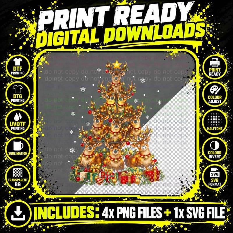 Jingle Bell Reindeer Christmas Tree Cute Reindeer Animal Png SVG Digital Bundle