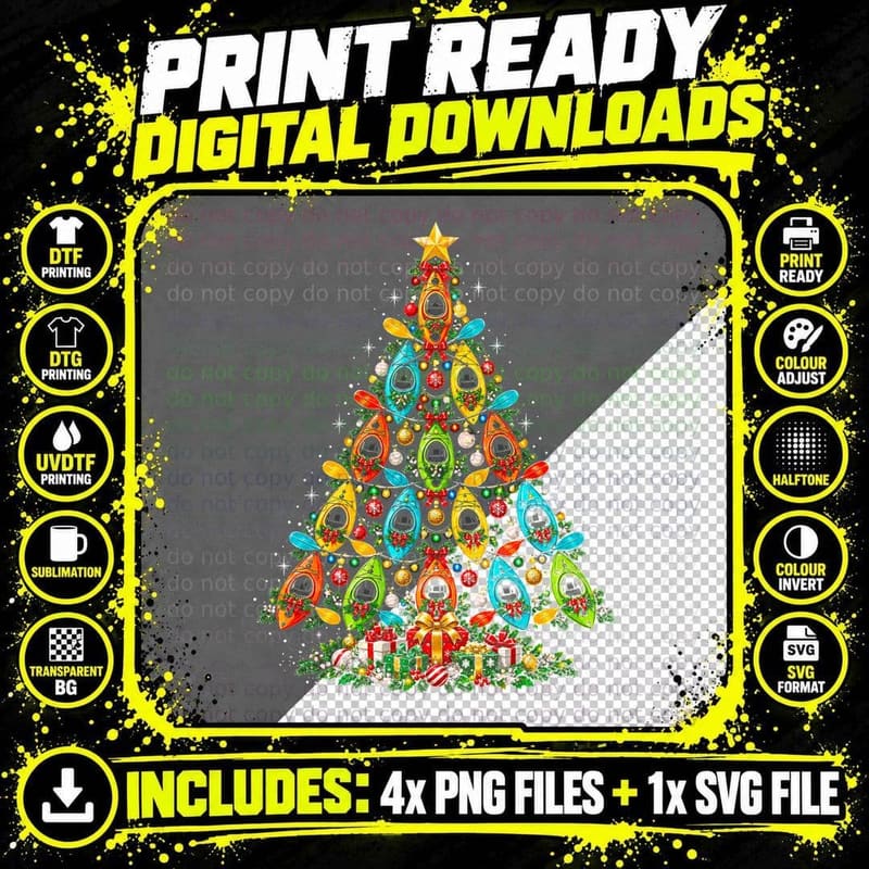 Kayak Christmas Tree Kayaking Paddler Colourful Kayaks Png SVG Digital Bundle