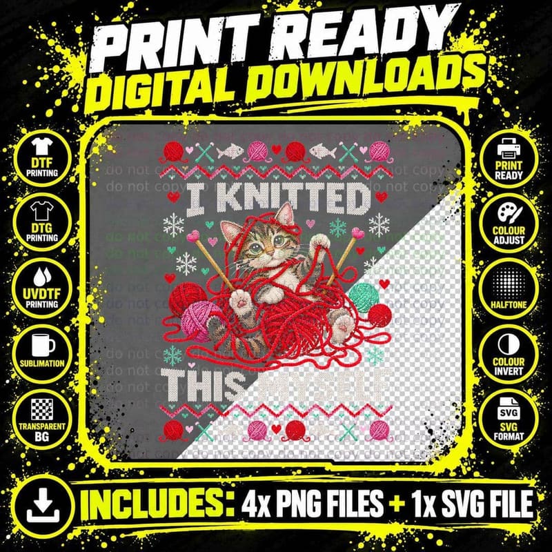 Kitten Yarn Christmas Ugly Sweater I Knitted This Myself Png SVG Digital Bundle
