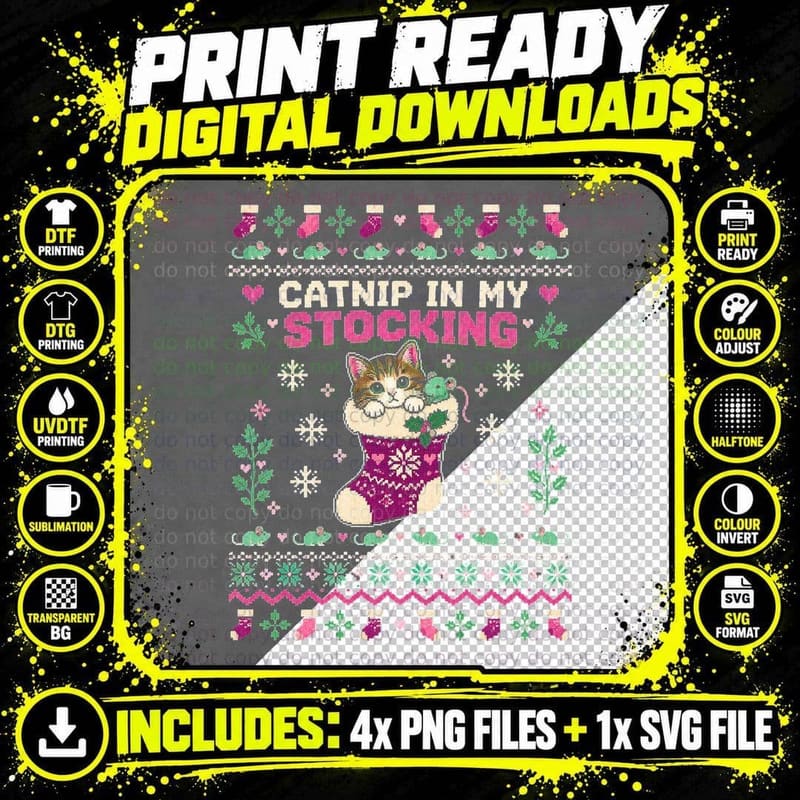 Kitten in Stocking Christmas Ugly Sweater Catnip Funny Png SVG Digital Bundle