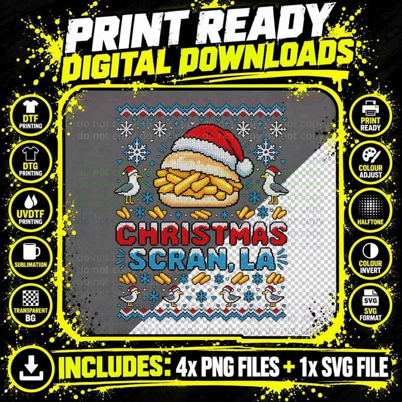 Lancashire Chip Butty Ugly Sweater Christmas Food Humour Png SVG Digital Bundle