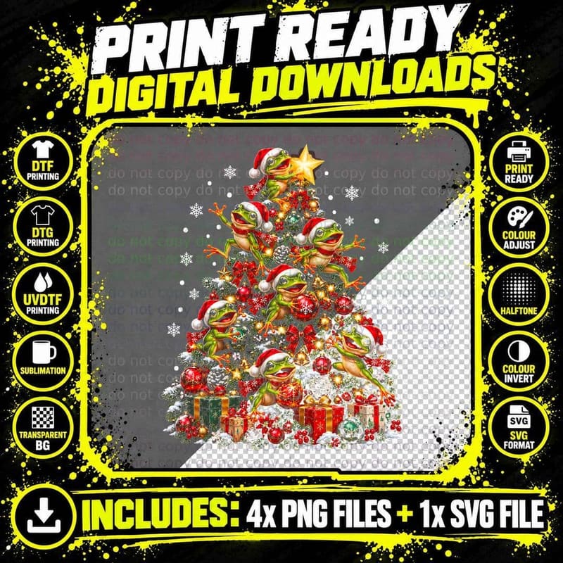 Leaping Frogs Christmas Tree Santa Hats Cute Frog Lover Png SVG Digital Bundle