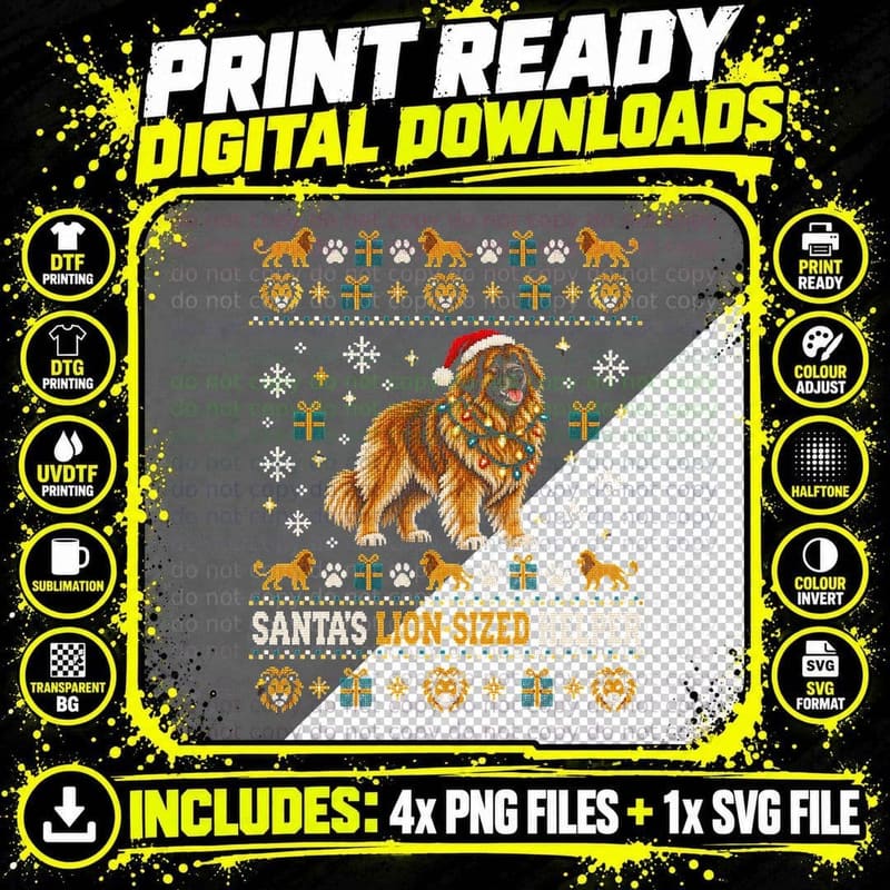 Leonberger Christmas Ugly Sweater Lion Dog Fairy Lights Png SVG Digital Bundle