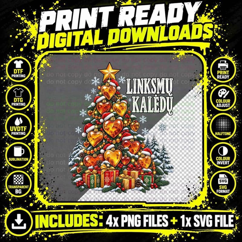 Lithuanian Amber Heart Christmas Tree Linksmų Kalėdų Png SVG Digital Bundle