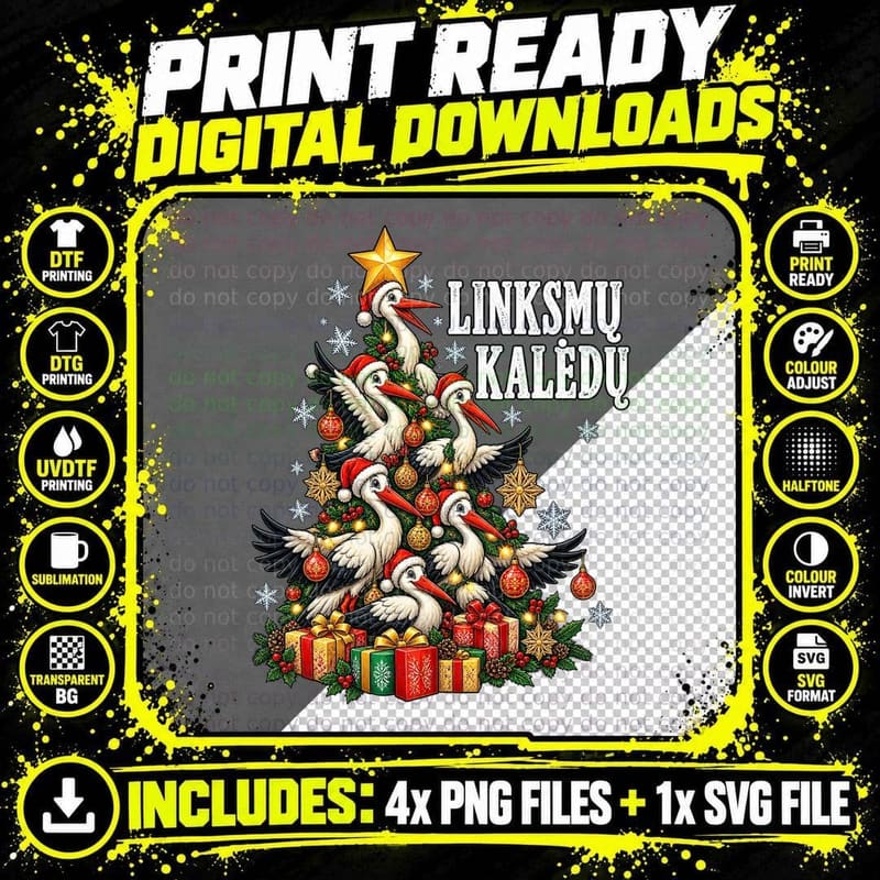 Lithuanian Stork Christmas Tree Linksmų Kalėdų Retro Png SVG Digital Bundle
