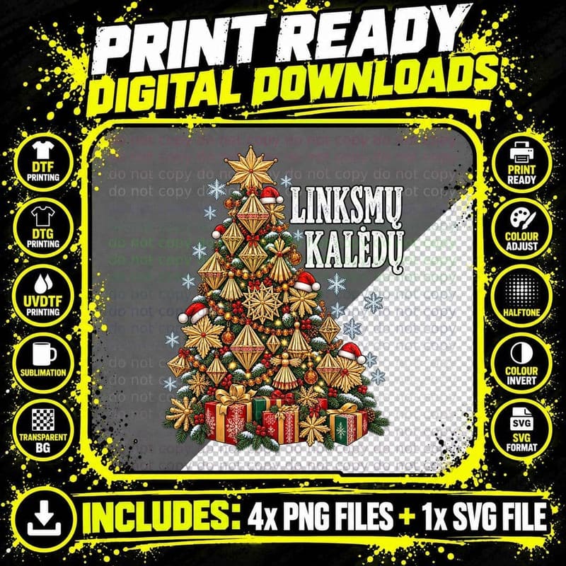 Lithuanian Straw Ornament Christmas Tree Linksmų Kalėdų Png SVG Digital Bundle