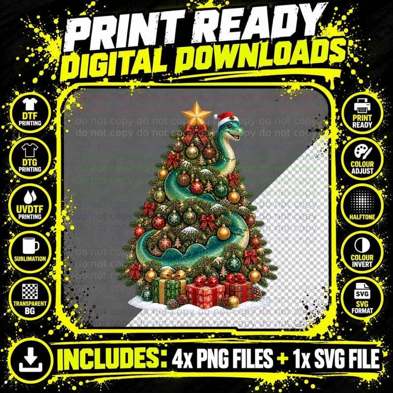 Loch Ness Monster Christmas Tree Nessie Retro Cryptid Png SVG Digital Bundle