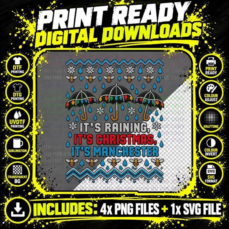 Manchester Rain Umbrella Ugly Sweater Christmas Weather Png SVG Digital Bundle