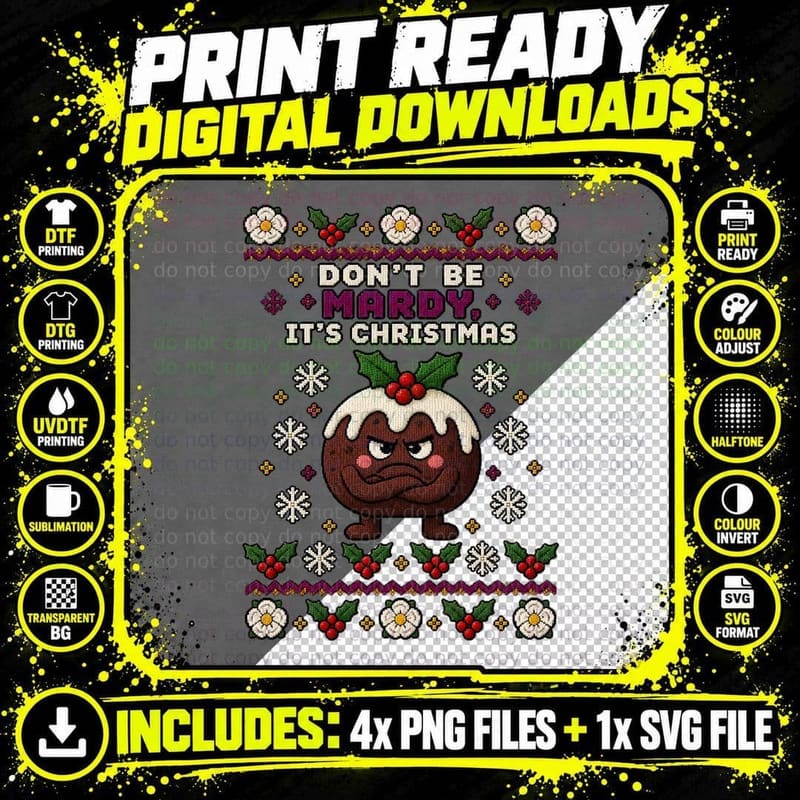 Mardy Christmas Pudding Ugly Sweater Pixel Yorkshire Png SVG Digital Bundle
