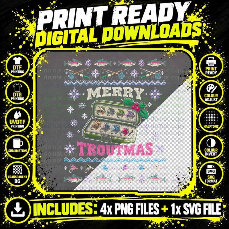 Merry Troutmas Fly Fishing Fly Box Angler Christmas Png SVG Digital Bundle