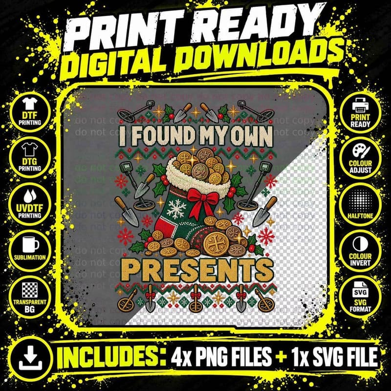 Metal Detecting Christmas Ugly Sweater Gold Coin Png SVG Digital Bundle