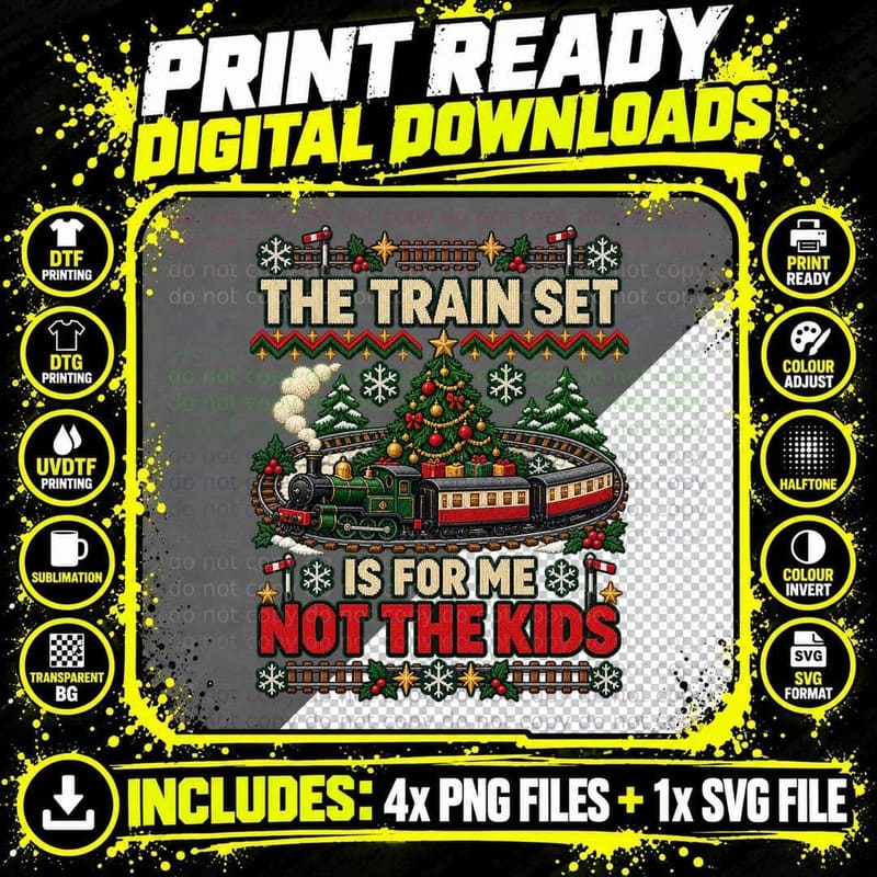 Model Railway Christmas Ugly Sweater Steam Train Png SVG Digital Bundle