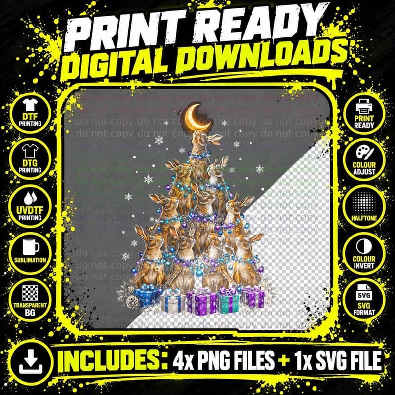 Moonlight Hare Christmas Tree Crescent Moon Hares Animal Png SVG Digital Bundle