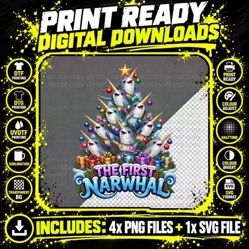 Narwhal Christmas Tree Cute Arctic Ocean Animal Holiday Png SVG Digital Bundle