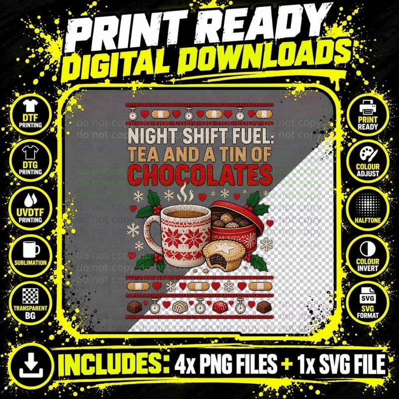 Night Shift Christmas Ugly Sweater Tea Mince Pie Nurse Png SVG Digital Bundle