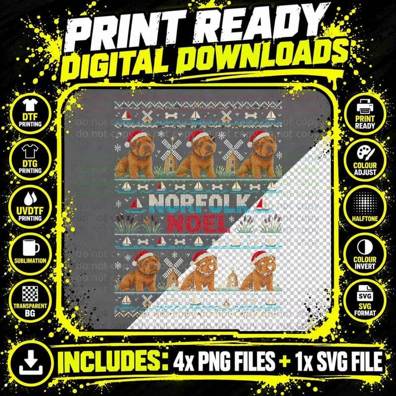 Norfolk Terrier Christmas Ugly Sweater Windmill Coastal Png SVG Digital Bundle