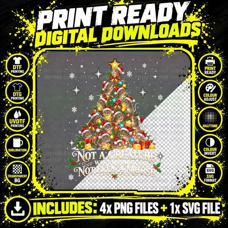 Not a Creature Was Stirring Christmas Mouse Watercolor Png SVG Digital Bundle