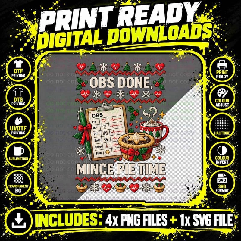 Nursing Obs Chart Ugly Sweater Mince Pie Christmas Nurse Png SVG Digital Bundle