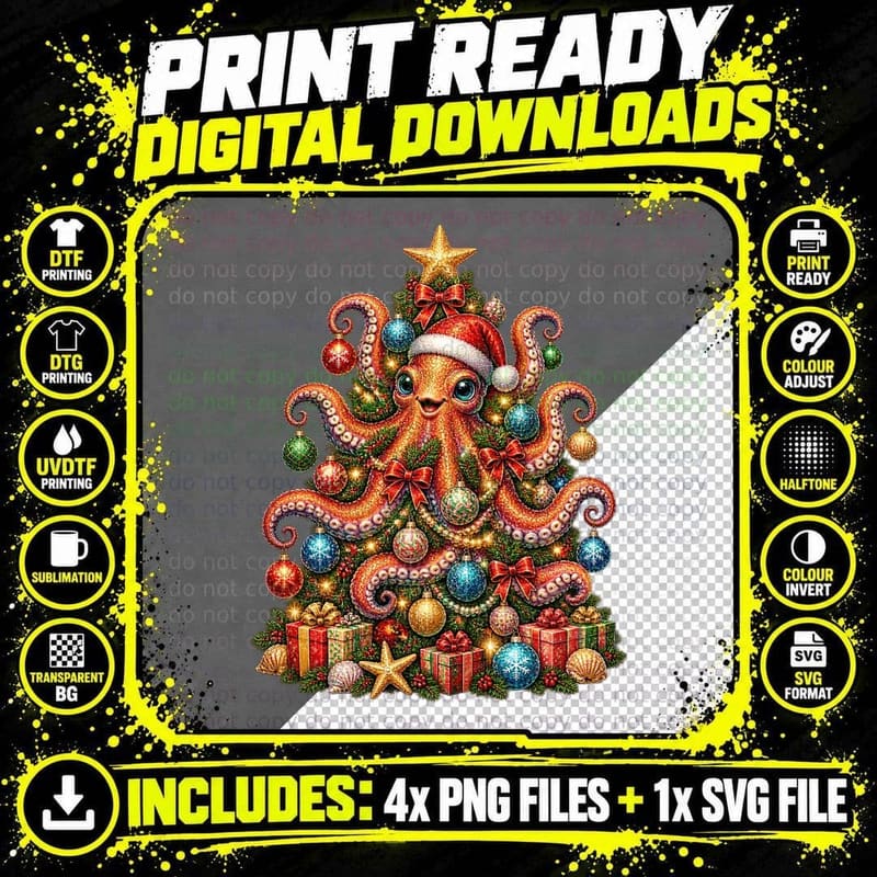 Octopus Christmas Tree Eight Arms Ocean Animal Funny Png SVG Digital Bundle