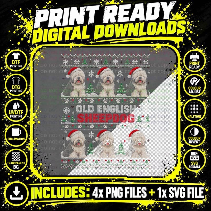 Old English Sheepdog Christmas Ugly Sweater Funny Shaggy Png SVG Digital Bundle