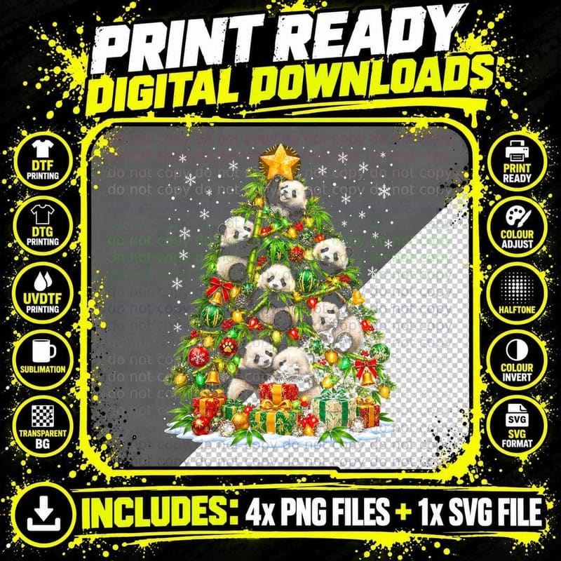 Panda Christmas Tree Bamboo Baubles Cute Bear Lover Png SVG Digital Bundle