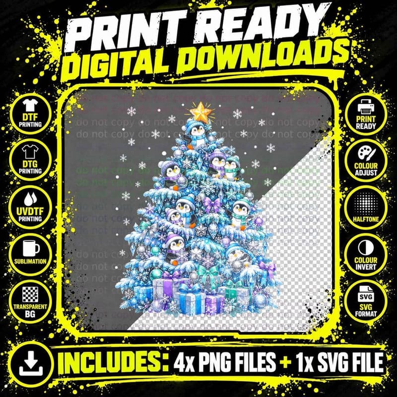 Penguin Christmas Tree Icy Winter Pastel Cute Snowflake Png SVG Digital Bundle