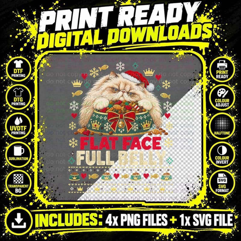 Persian Cat Christmas Ugly Sweater Flat Face Full Belly Png SVG Digital Bundle