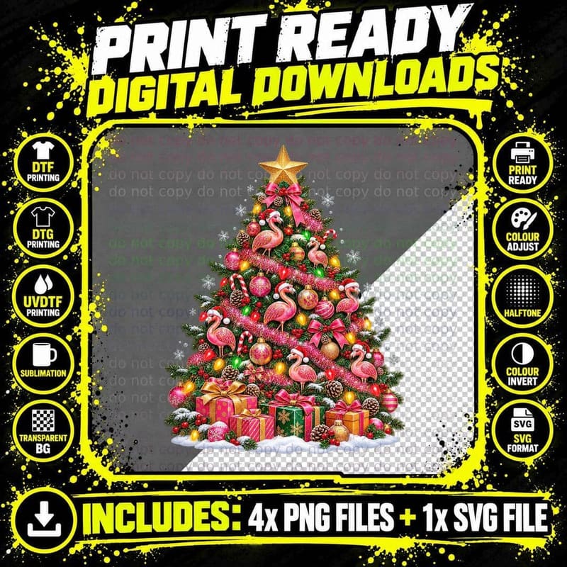 Pink Flamingo Christmas Tree Baubles Retro Tropical Png SVG Digital Bundle