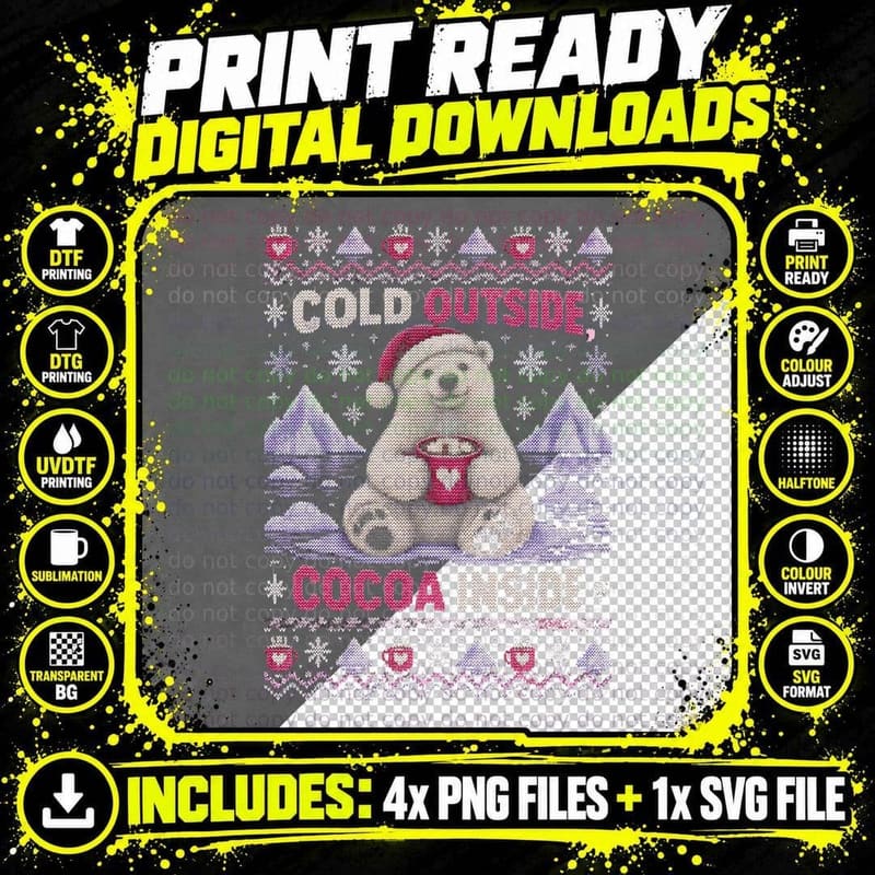 Polar Bear Ugly Sweater Christmas Hot Cocoa Winter Png SVG Digital Bundle