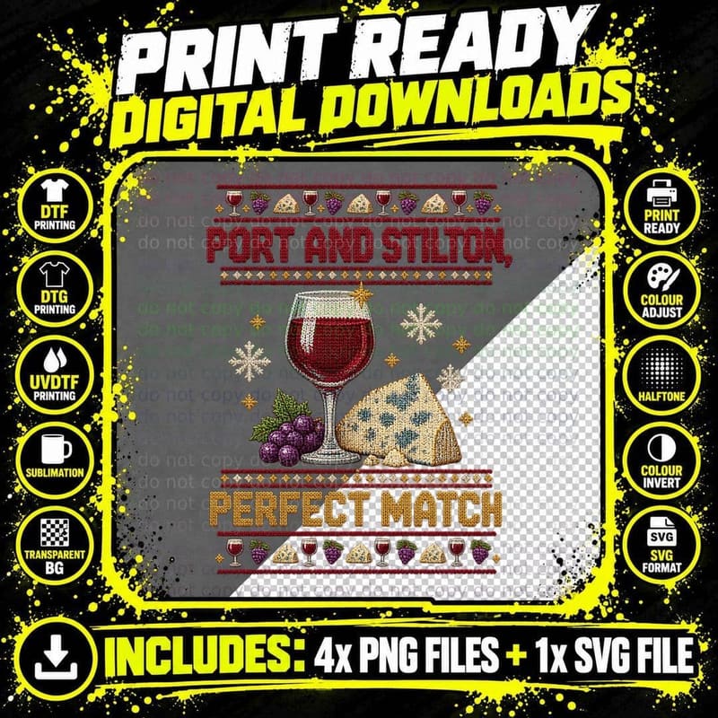 Port and Stilton Ugly Christmas Sweater British Cheese Png SVG Digital Bundle