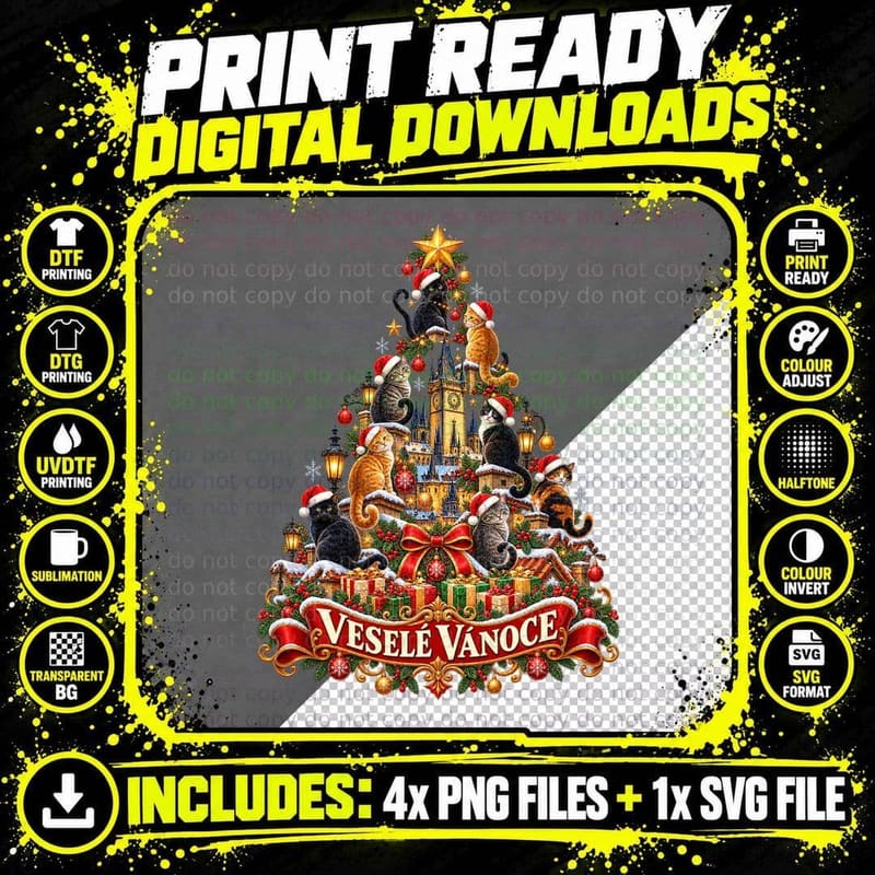 Prague Rooftop Cats Christmas Tree Czech Vesele Vanoce Png SVG Digital Bundle