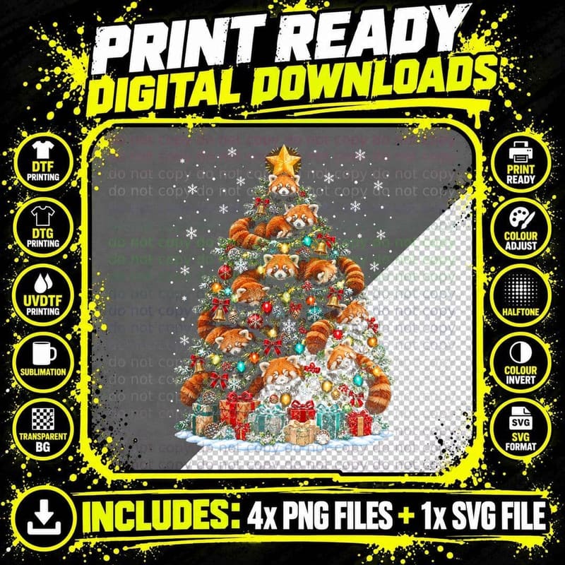 Red Panda Christmas Tree Cinnamon Climbing Cute Winter Png SVG Digital Bundle