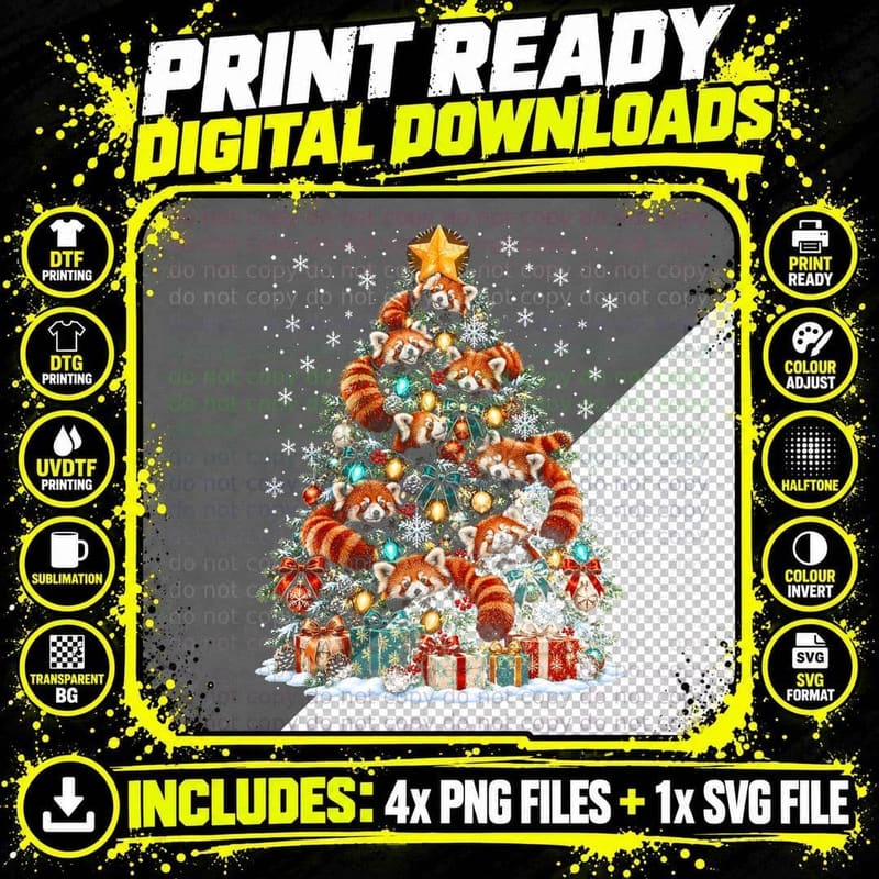 Red Panda Christmas Tree Snowy Branches Cute Lover Png SVG Digital Bundle