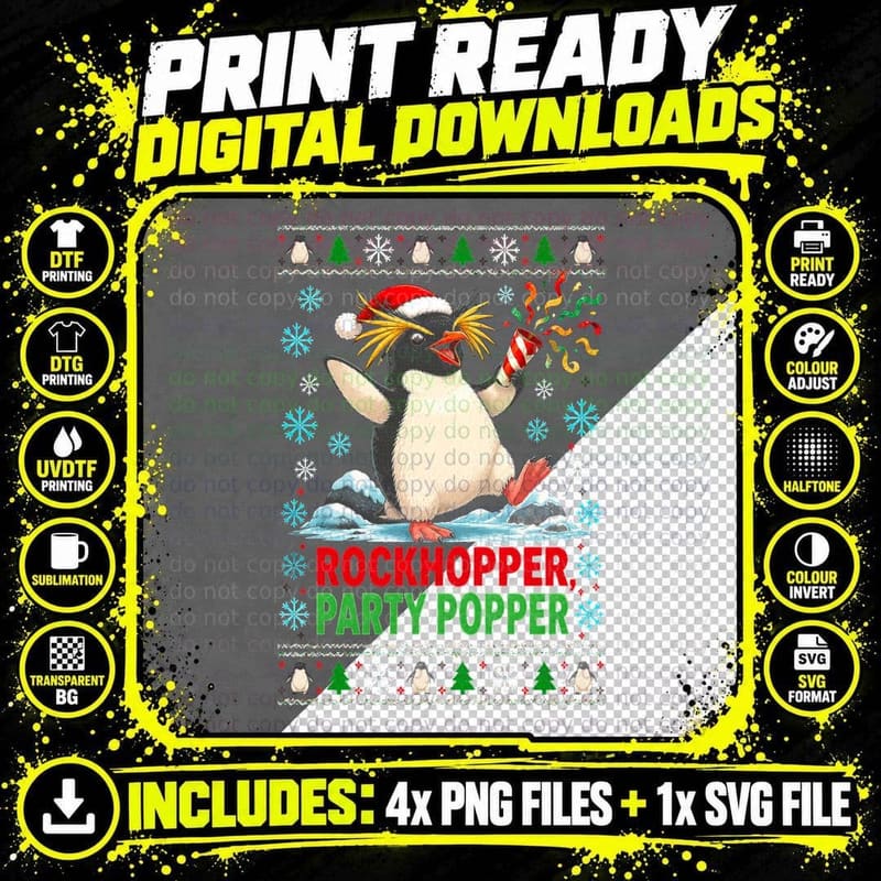 Rockhopper Penguin Christmas Ugly Sweater Party Popper Png SVG Digital Bundle