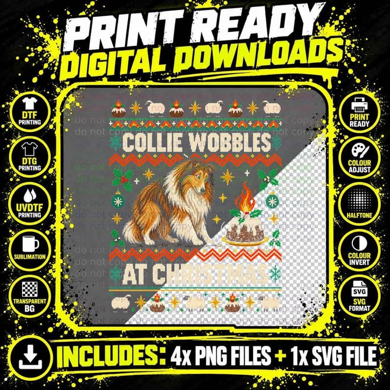 Rough Collie Christmas Ugly Sweater Collie Wobbles Png SVG Digital Bundle