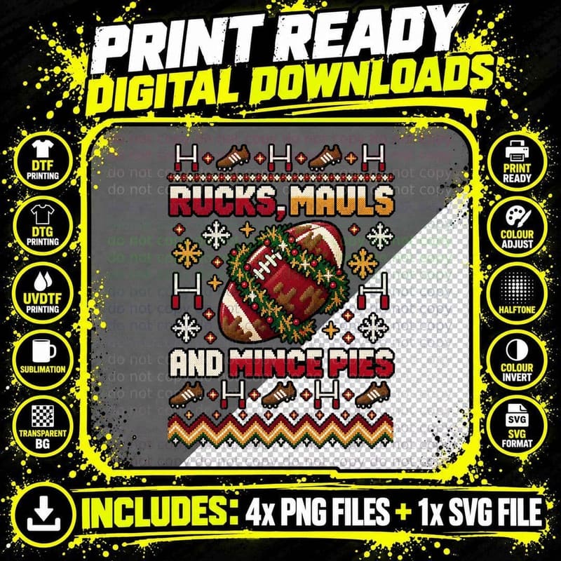 Rugby Christmas Ugly Sweater Rucks Mauls Mince Pies Png SVG Digital Bundle