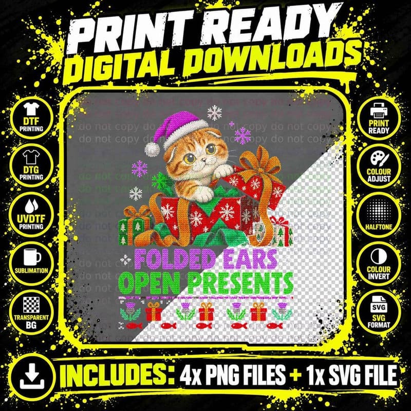 Scottish Fold Christmas Ugly Sweater Folded Ears Open Png SVG Digital Bundle