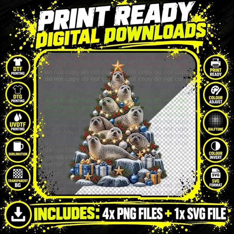 Seal Christmas Tree Grey Seal Ocean Christmas Holiday Png SVG Digital Bundle
