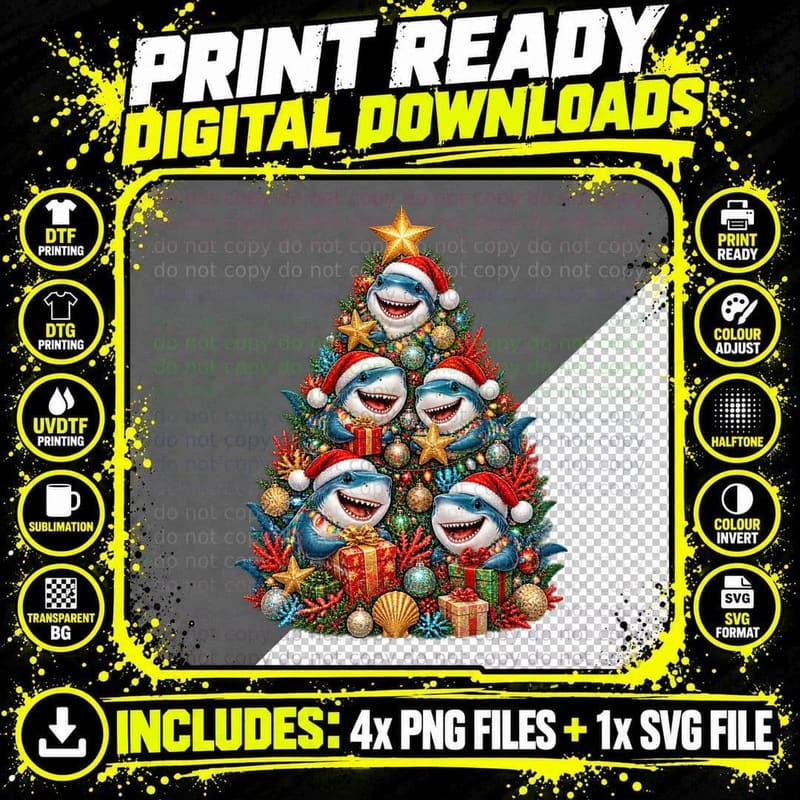 Shark Christmas Tree Merry Christmas Chum Funny Ocean Png SVG Digital Bundle