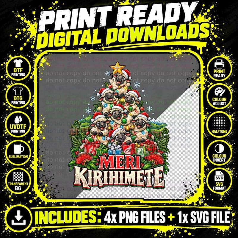 Sheep Christmas Tree Meri Kirihimete Cute Kiwi Farm Png SVG Digital Bundle