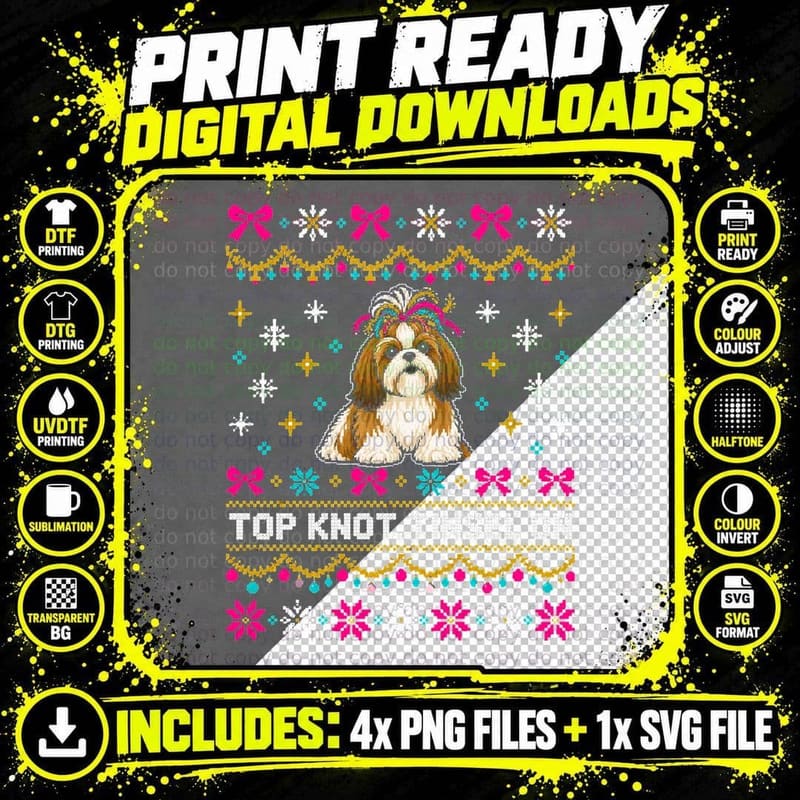 Shih Tzu Christmas Ugly Sweater Top Knot Tinsel Dog Png SVG Digital Bundle