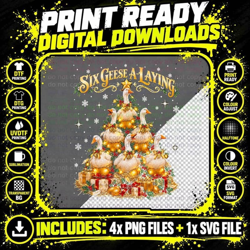 Six Geese A-Laying Christmas Watercolor Golden Goose Png SVG Digital Bundle